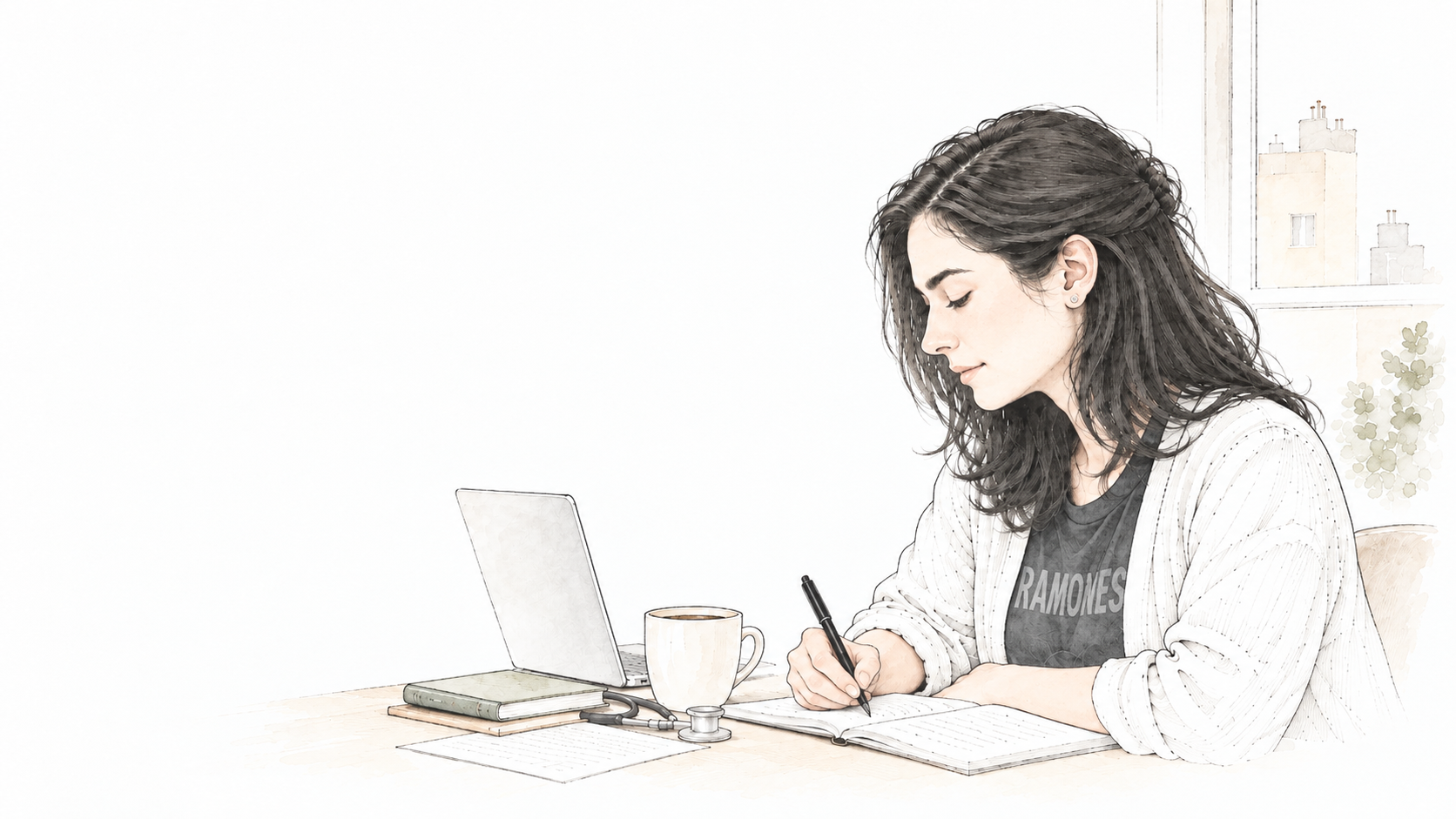 Ilustración de Sathya escribiendo en un cuaderno.